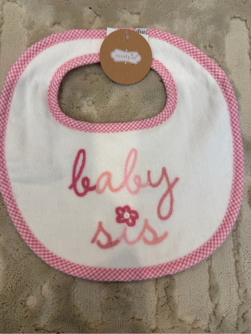 Mud Pie White Bib with Pink Gingham Trim and Pink Embroidery